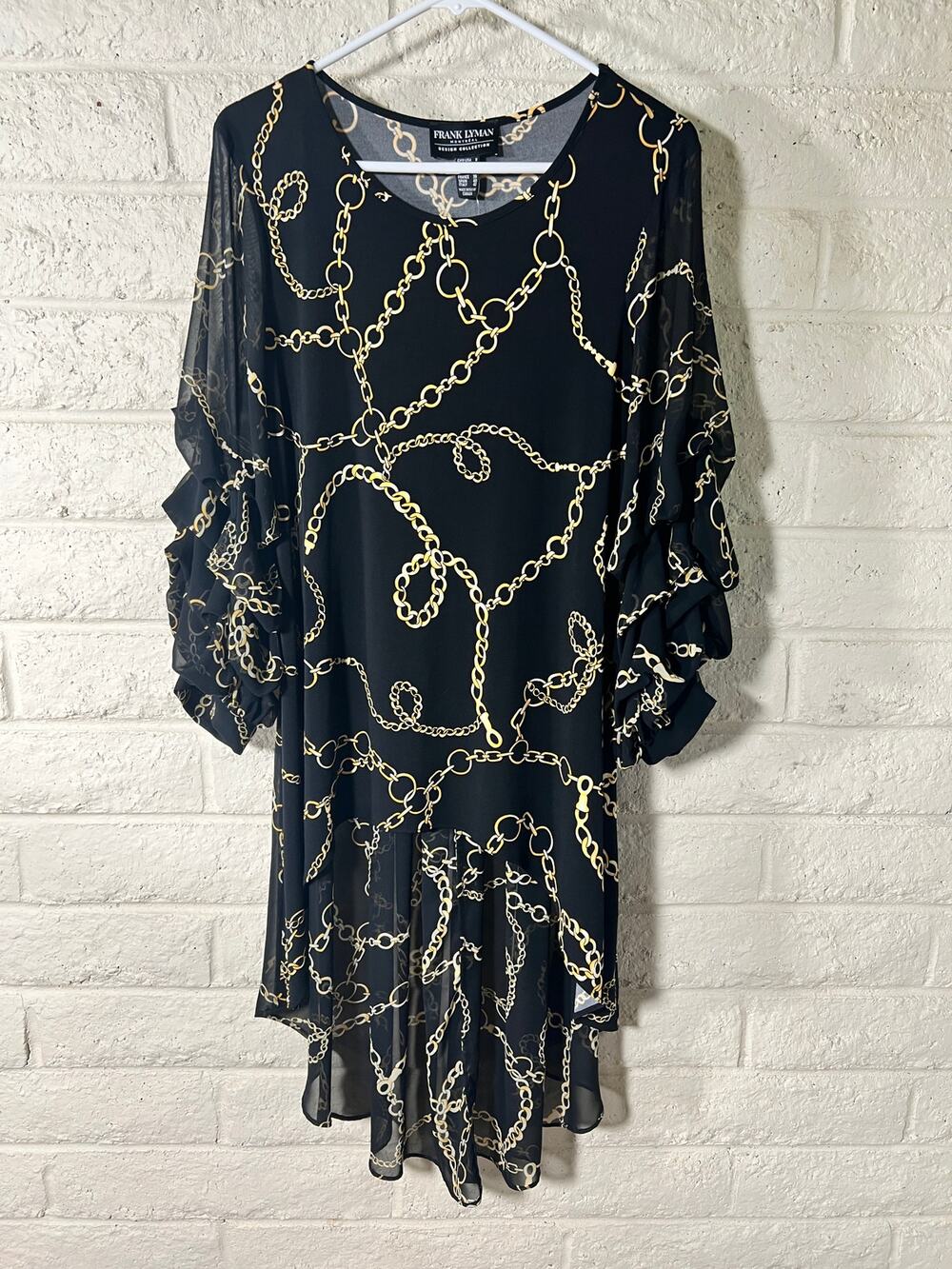 Frank Lyman Dress 8 NWT Black Gold Chain Print Ruffle Sleeve High Low 203355